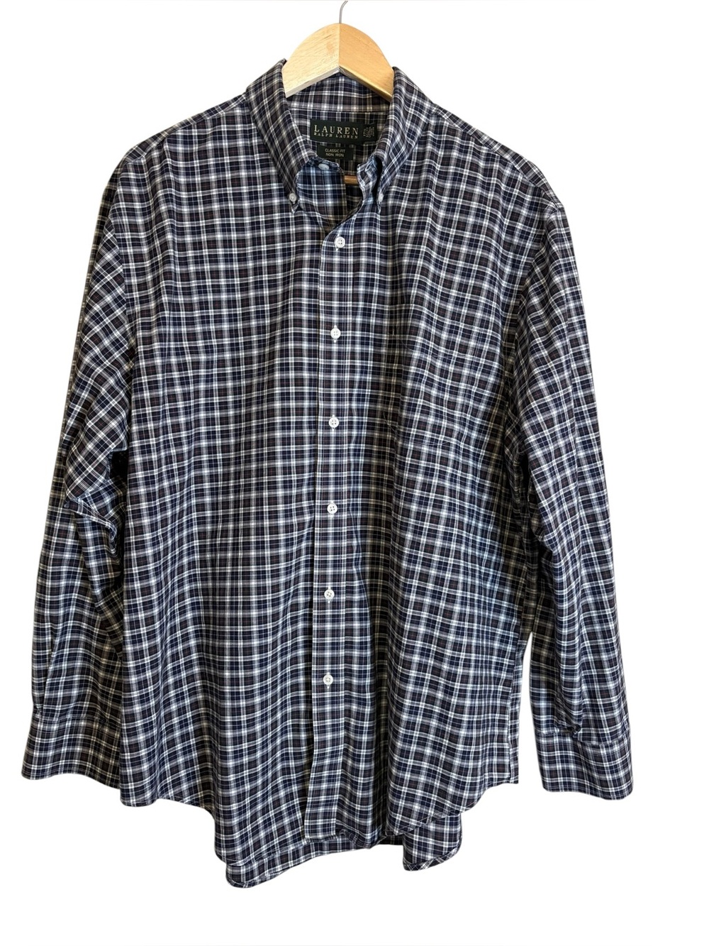 Ralph Lauren Navy and White Non Iron Plaid Button-Down Shirt 17.5-34/35